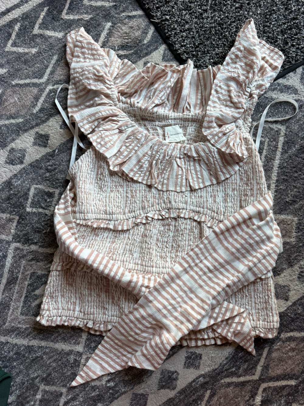 Anthropologie Blush and White Striped Ruffle Smocked Cami